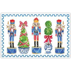 a postcard with three nutcrackers and a christmas tree