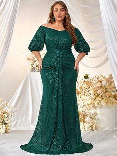 Giffniseti Plus Off Shoulder Puff Sleeve Ruched Sequin Formal Dress | SHEIN USA Green Fitted Gown With Short Sleeves, Green Fitted Short Sleeve Gown, Green Short Sleeve Party Gown, Fitted Dark Green Evening Dress For Banquet, Green Short Sleeve Evening Dress For Banquet, Plus Size Gala Dress, Affordable Formal Dresses, Off Shoulder Cocktail Dress, Evening Gowns With Sleeves