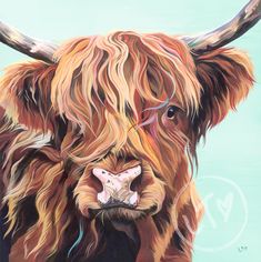 a painting of a brown cow with long hair and large horns, looking at the camera