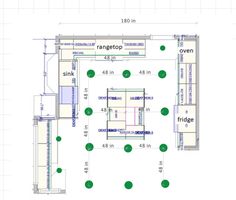 the floor plan for an office building with green dots on each side and white walls