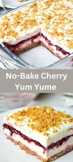 no - bake cherry yum yume cake with crumbs on top