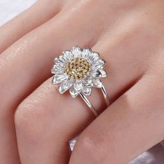 Sunflower Sterling Silver Ring White Flower-shaped Jewelry With Sunflower Design, White Flower Jewelry With Sunflower Design, White Sunflower Design Flower Jewelry, Sunflower Design Rings As Gifts, Wedding Jewelry With Sunflower Design, Flower Shaped Diamond Ring Gift, White Flower Ring For Promise, Sunflower Design Jewelry For Anniversary, White Gold Flower Shaped Ring For Promise