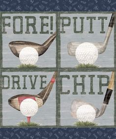 four different images of golf balls and their driver's club, with the words fore - putt drive chip on them