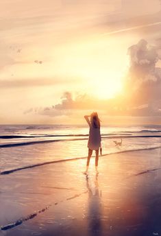 a woman standing on top of a beach next to the ocean under a cloudy sky