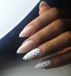 French Nails Sharp Almond, French With Polka Dots, White With Black Dots Nails, Polka Dot French Tip Nails Almond, Almond Nails Polka Dots, Pokadot Nails French Tip, Dotted French Nails, French With Dots Nails, French Dots Nails