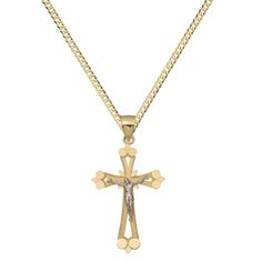 Here's a Cross Necklace. From our Necklace Collection, this Real 10K Yellow White Gold 1 1/2" Cut-Out Crucifix Cross Jesus Pendant comes with a 2mm Solid Curb Chain. Product Details:Metal : Real 10K GoldWeight :16": 3.54 grams18": 3.84 grams20": 4.14 grams22": 4.44 grams24": 4.74 gramsLength : Chain: SelectableElement: 1 1/2" x 3/4" = 39mm x 20mmBail : Element: 5.5mm by 5mm A Cross Necklace, Jesus Cross Necklace, Cross Jesus, Jesus Cross, Necklace Collection, Jesus On The Cross, Curb Chain, Yellow White, Cross Necklace