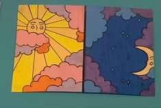 two paintings with clouds and sun on them