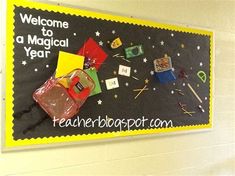 a welcome sign hanging on the wall in a school hallway with magnets and decorations