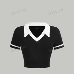 Brand New. Black Shirt With White Collar, Black And White Shirt, Shein Tops, Collared Shirt, White Collar, Collar Shirts, Shirt Color, White Shirt, Black Shirt