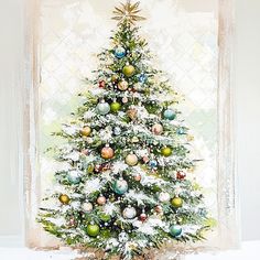 a painting of a christmas tree with ornaments on it