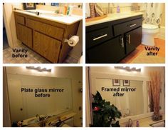 four pictures show different types of bathroom vanity mirrors and cabinets in various stages of construction