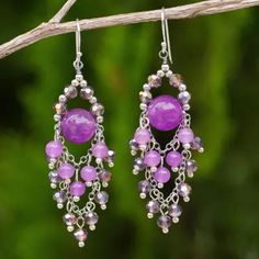 Lila gyöngyös csillár fülbevaló kvarccal és üveggel - Brilliant Meteor | NOVICA Quartz Chandelier, Beaded Chandelier Earrings, Beaded Earrings Tutorials, Purple Quartz, Purple Beaded, Beaded Chandelier, Beaded Earrings Patterns, Purple Earrings, Earring Tutorial