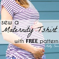 a pregnant woman wearing a striped shirt with her hand on her belly and text overlay that reads sew a maternity t - shirt with free pattern