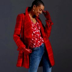 Chic Red Outerwear With Notch Lapel, Chic Red Outerwear With Lapel Collar, Tailored Red Outerwear For Fall, Chic Red Notch Lapel Outerwear, Moto Jacket Style, Checkered Coat, Boiled Wool Jacket, Plaid Peacoat, Cabi Clothing