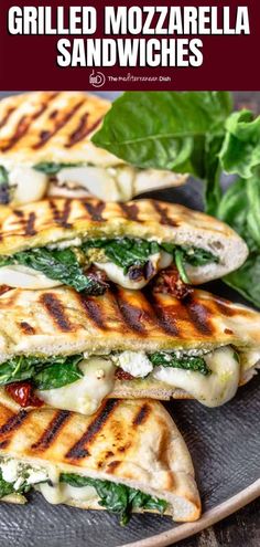 grilled mozzarella sandwiches with spinach leaves on the side and text overlay that reads grilled mozzarella sandwiches