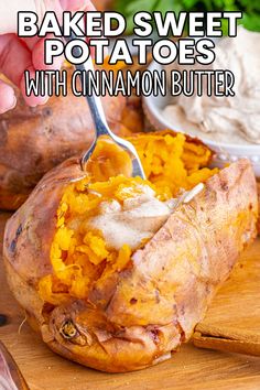 baked sweet potatoes with cinnamon butter on a cutting board