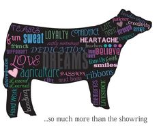 a cow with words written all over it's body in different colors and shapes