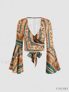 Lasaky - Lovely Long-Sleeved Shirt with Colorful Floral Patterns and Embellishments Patterned Long Sleeve Boho Print Blouse, Chic Patterned Tops For Fall, Printed Green Blouse For Party, Green Printed Blouse For Party, Patterned Long Sleeve Bohemian Tops, Bohemian Long Sleeve Patterned Tops, Paisley Print Summer Party Top, Bohemian Patterned Tops For Fall, Summer Party Top With Paisley Print