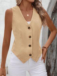 Solid Button Front Vest Blazer Corduroy Khaki Casual  Sleeveless Woven Fabric Plain vest Slight Stretch  Women Clothing, size features are:Bust: ,Length: ,Sleeve Length: Simple Streetwear, Plain Vest, Cropped Leather Jacket, Slim Fit Top, Vest Blazer, Elegant Dresses Long, Dark Jeans, Blazers For Women, Wide Leg Jeans