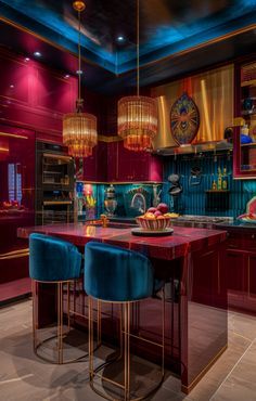 a kitchen with red cabinets and blue stools in the center, surrounded by colorful lights