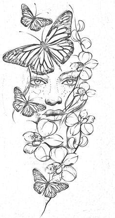 a drawing of a woman with butterflies on her face and flowers around her neck, in black and white