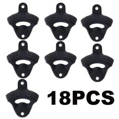 eight black plastic bottle openers with holes on each side and the number 18ps