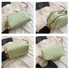 four pictures of a woman holding a green purse