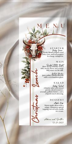 a menu with an animal head on it and flowers in the center is surrounded by other items