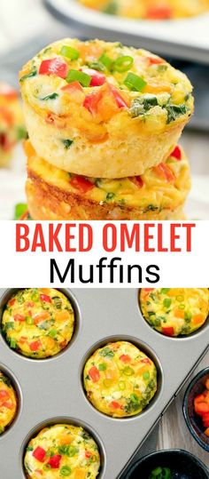 baked omelet muffins are stacked on top of each other with the title above it