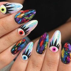 Eyes Nails, Sparkle Nails, Funky Nail Art, Colorful Nails, Crazy Nails, Bad Vibes