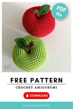 two crocheted apples sitting on top of each other with the text free pattern