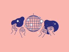 people holding up their hands in front of a globe on a pink background with stars