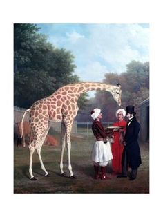 a giraffe standing next to two people in front of a painting on the wall