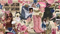 a collage with pink and blue items including boots, flowers, hearts, stars