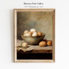 a painting of eggs in a bowl on a table