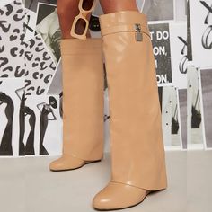 Handcrafted US sizing. Fits true to size. Heel Height: 3" / 80 mm approx Product measurements were taken using size 8. Please note that measurements may vary by size. Khaki Boots, Givenchy Boots, Pointy Boots, Beige Wedges, Boots Women Fashion, Wedge Boots, Metal Design, Handmade Shoes, Fold Over