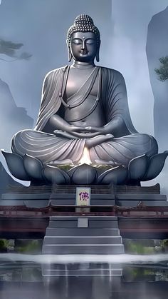 a buddha statue sitting in the middle of a body of water