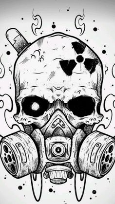 a drawing of a skull wearing a gas mask