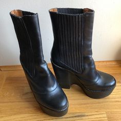 Great Pair Of Jeffrey Campbell Havana Last Platform Boots. Black Leather, 11 1/2” Tall (Including The 5” Heel). Boot Is Elasticized On Both Sides To Slip Feet In And Out. Heel Surface Is Worn. Size 7 (Sole Measures 8”). Mid Calf Length. Purchased At Urban Outfitters. Comes In Original Box. Really Great Looking And Fun! Platform Boots Black, Heel Boot, Jeffrey Campbell Shoes, Platform Boots, Jeffrey Campbell, Boots Black, Shoes Heels Boots, Mid Calf, Havana