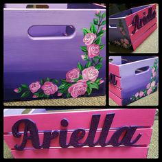 pink and purple storage bins with flowers painted on the sides, name ariella