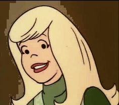 an animated image of a woman with blonde hair and green scarf around her neck, smiling at the camera