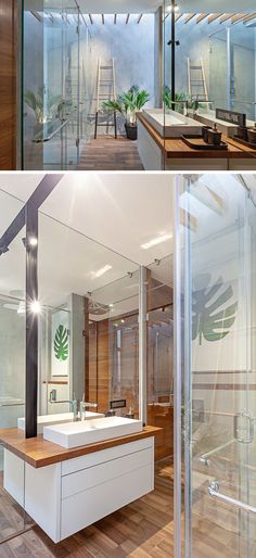 the inside of a house with glass walls and wooden flooring is shown in three different views