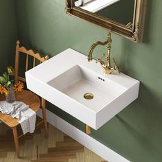 a bathroom sink sitting under a mirror next to a wooden chair