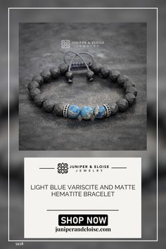 Elevate your style with this handcrafted bracelet featuring 8mm matte faceted Hematite and light blue variscite beads. The two silver spacer beads embellished with black zircon stones add an edgy touch to this elegant design. The Hematite beads are believed to provide grounding and protection, while the variscite stones are associated with calmness and peace of mind. The adjustable sliding knot made with macrame cord ensures a comfortable fit. Adjustable Sliding Knot, Top Christmas Gifts, Hematite Bracelet, Christmas Gifts For Men, Hematite Beads, Macrame Cord