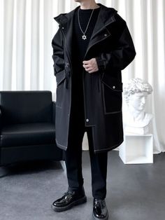 Black Parka With Pockets For Fall, Black Fall Parka With Pockets, Black Parka For Cold Spring Weather, Black Spring Parka For Cold Weather, Spring Parka For Cold Weather In Black, Black Winter Parka With Side Pockets, Black Parka With Side Pockets For Winter, Oversized Winter Parka For Work, Oversized Winter Workwear Parka