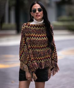 Elevate your style with our women's multicolor fringe trim poncho sweater, featuring a loose fit and cozy design perfect for casual outings. Poncho Pullover, Knitwear Sweater, Dress Bra, Maxi Dress Formal, Poncho Sweater, Loungewear Sets, Fringe Trim, Formal Evening Dresses, Batwing Sleeve