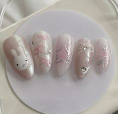 Cute Nails Coquette, College Nails Ideas, Japanese Nails Designs, Cinnamoroll Nails, Cute Korean Nails, Fairy Nail Art, Grad Nails, How To Have Style, Bunny Nails