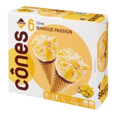 an ice cream box with two cones filled with mango flavored desserts on top