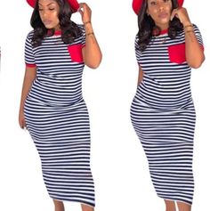 Women/ Black And White Striped, O Neck, Maxi ,Red Single Pocket Dress. Casual Red Short Sleeve Bodycon Dress, Casual Red Bodycon Dress With Short Sleeves, Red Short Sleeve Bodycon Dress For Spring, Casual Red Midi Bodycon Dress, Red Short Sleeve Casual Midi Dress, Red Casual Short Sleeve Midi Dress, Casual Red Short Sleeve Midi Dress, Strip Dress, Stretchy Bodycon Dress