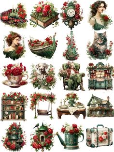 many different pictures of flowers and things in the picture, including teapots, bookshelves, vases